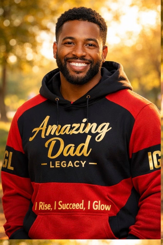 Man wearing a hoodie with 'Amazing Dad Legacy' text in an outdoor setting