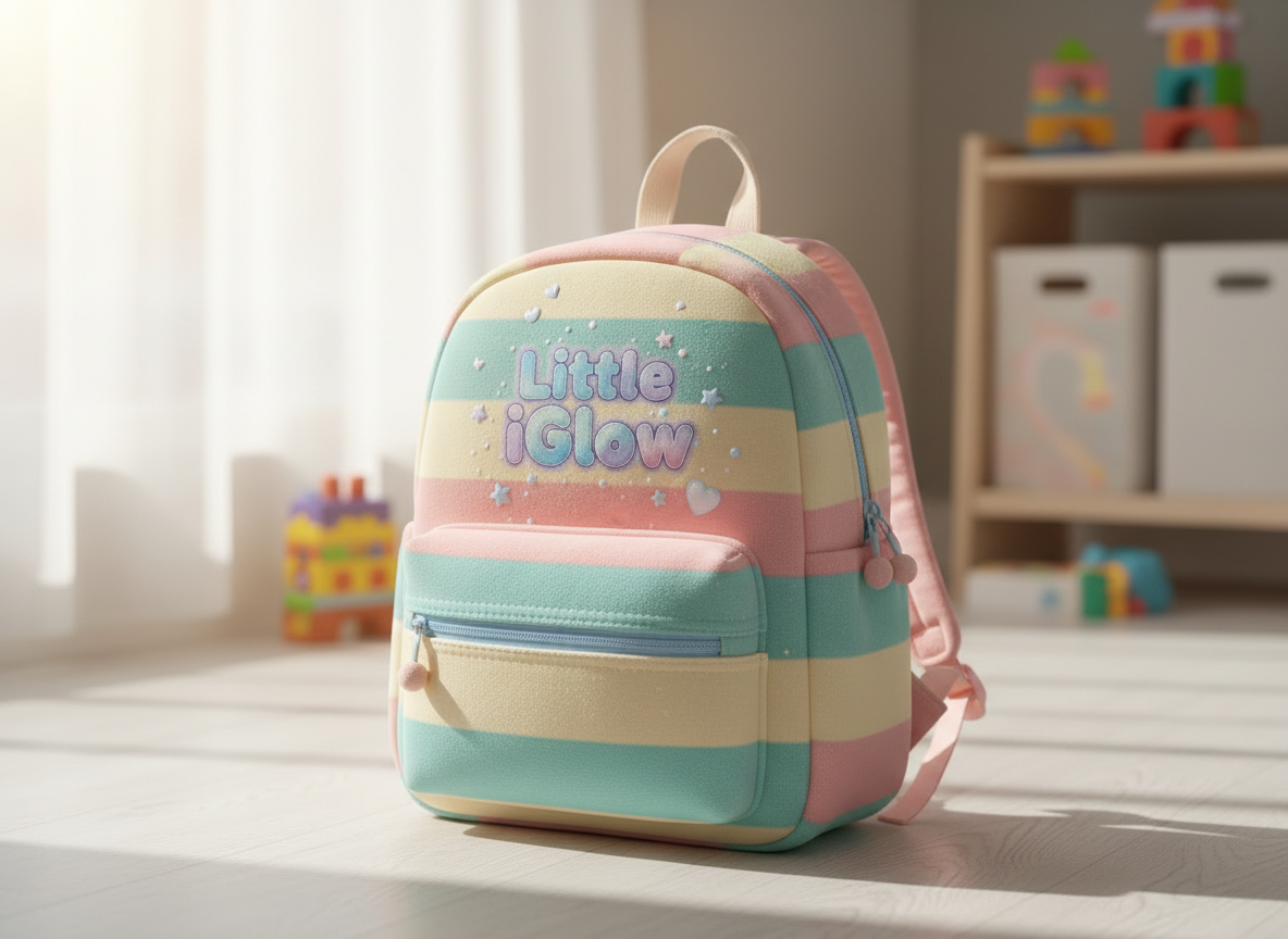 Pastel striped backpack with 'Little iGlow' text on a shelf in a room with toys.