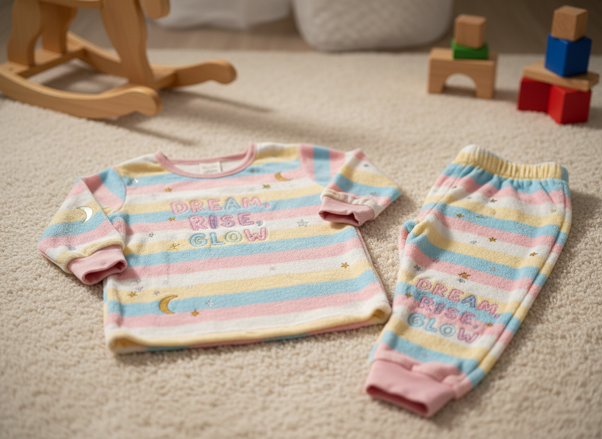 Children's pajama set with colorful stripes and text on a carpeted floor.