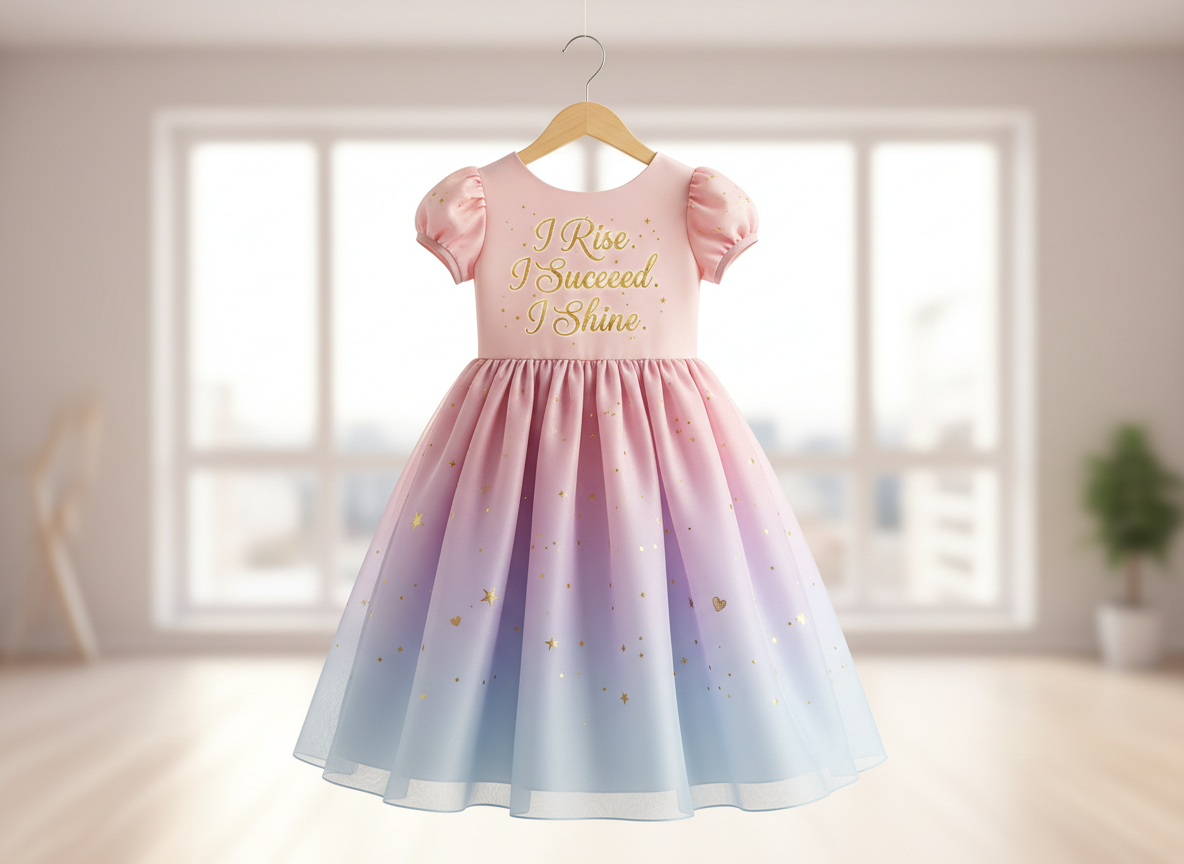 Pink and blue gradient dress with text on a hanger in a bright room.