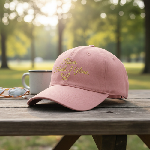 Pink cap with 'I Rise, I Shine, I Glow' text on a wooden table with a blurred park background