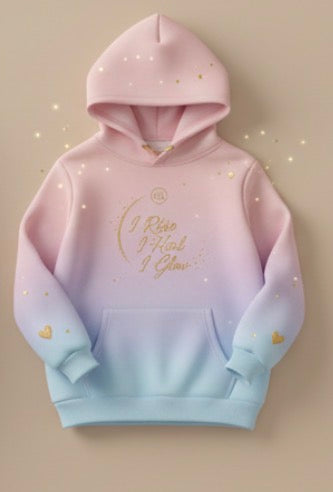 Pink and blue gradient hoodie with text on a beige background