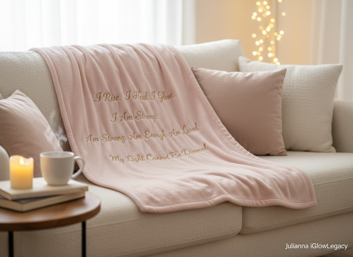Pink blanket with embroidered text on a beige couch with pillows and a candle.
