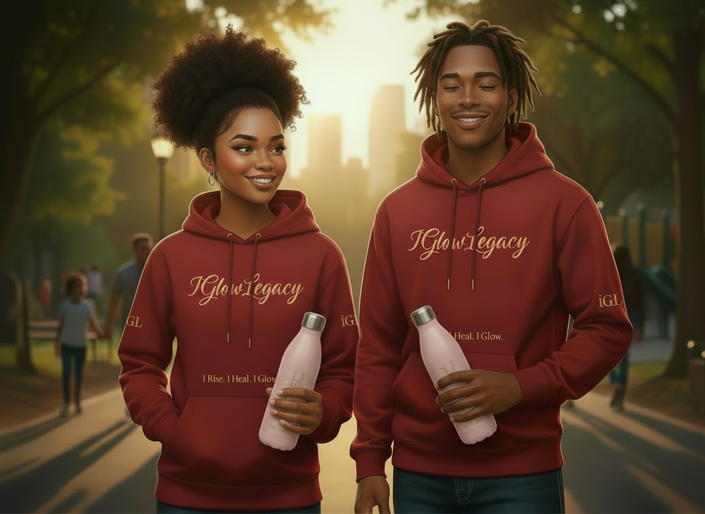 Two people wearing red hoodies with 'I Glow Legacy' text, holding bottles in a park setting.