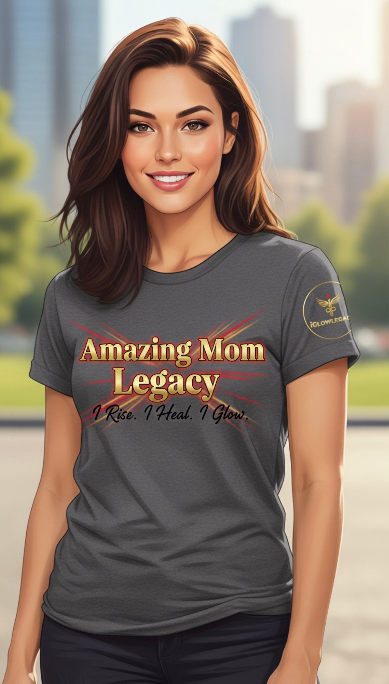 Woman wearing a gray t-shirt with 'Amazing Mom Legacy' text and graphic.
