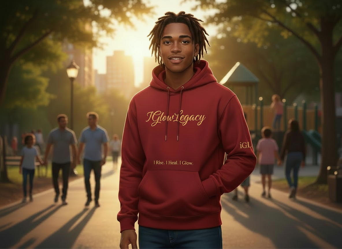 Person wearing a red hoodie with text in an outdoor setting