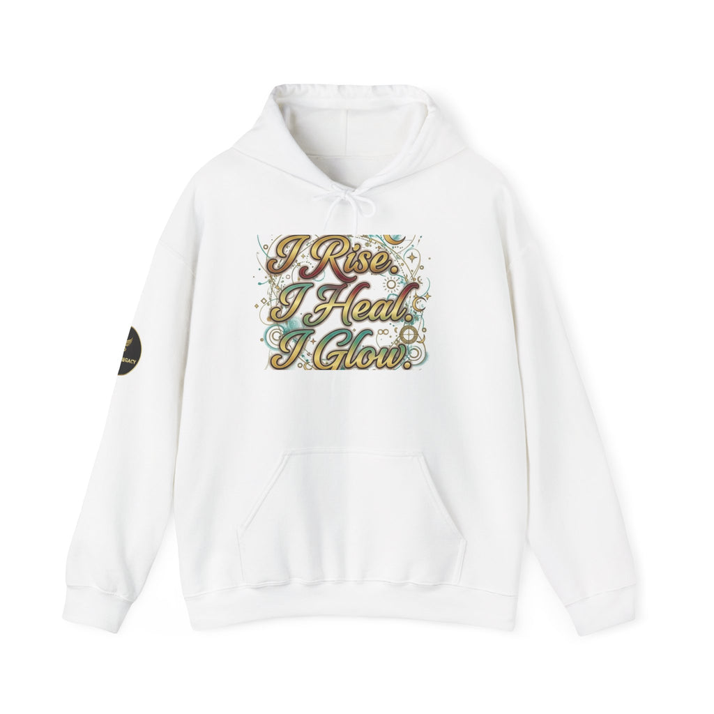 White hoodie with 'I Rise, I Heal, I Glow' text design on a white background