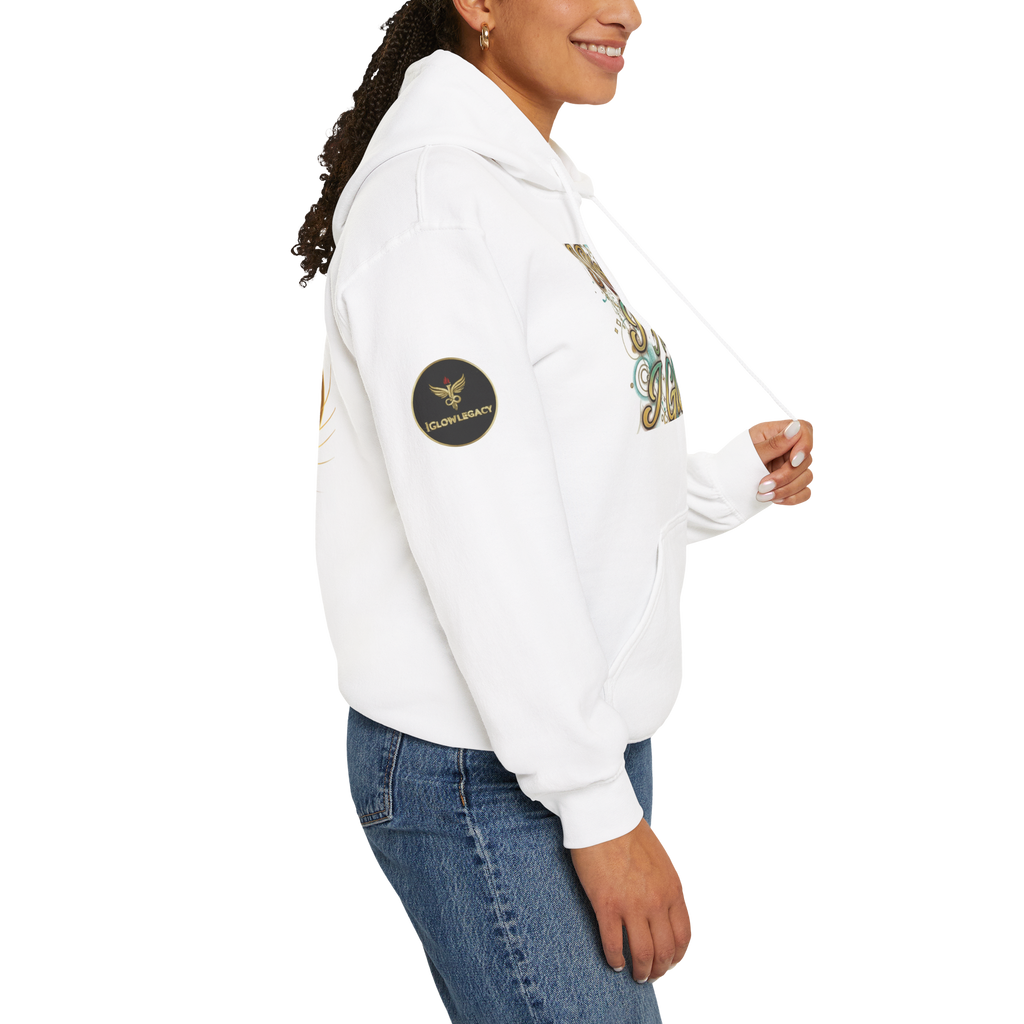 Person wearing a white hoodie with a logo on a white background
