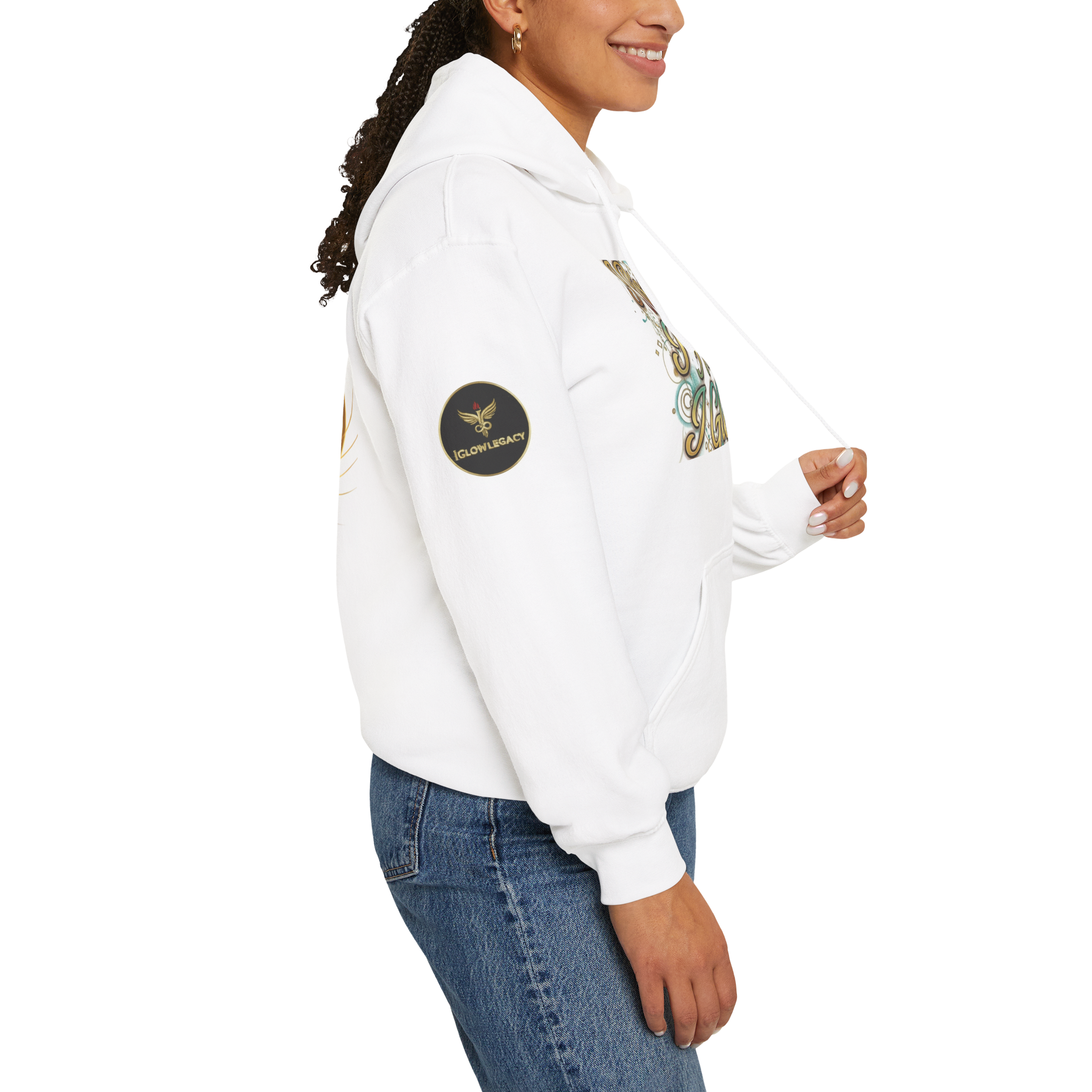 Person wearing a white hoodie with a logo on a white background
