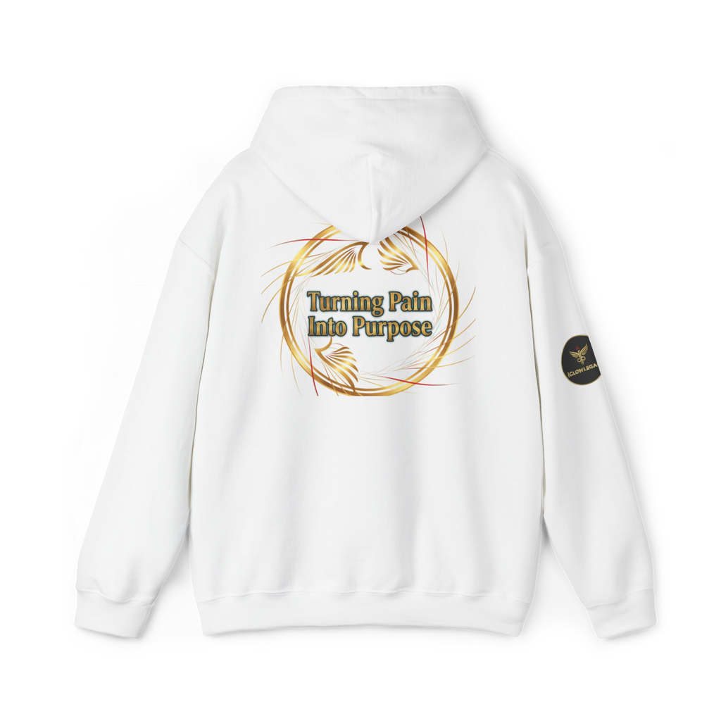 White hoodie with text 'My Dog Casts Happiness Spells' on the back against a dark background