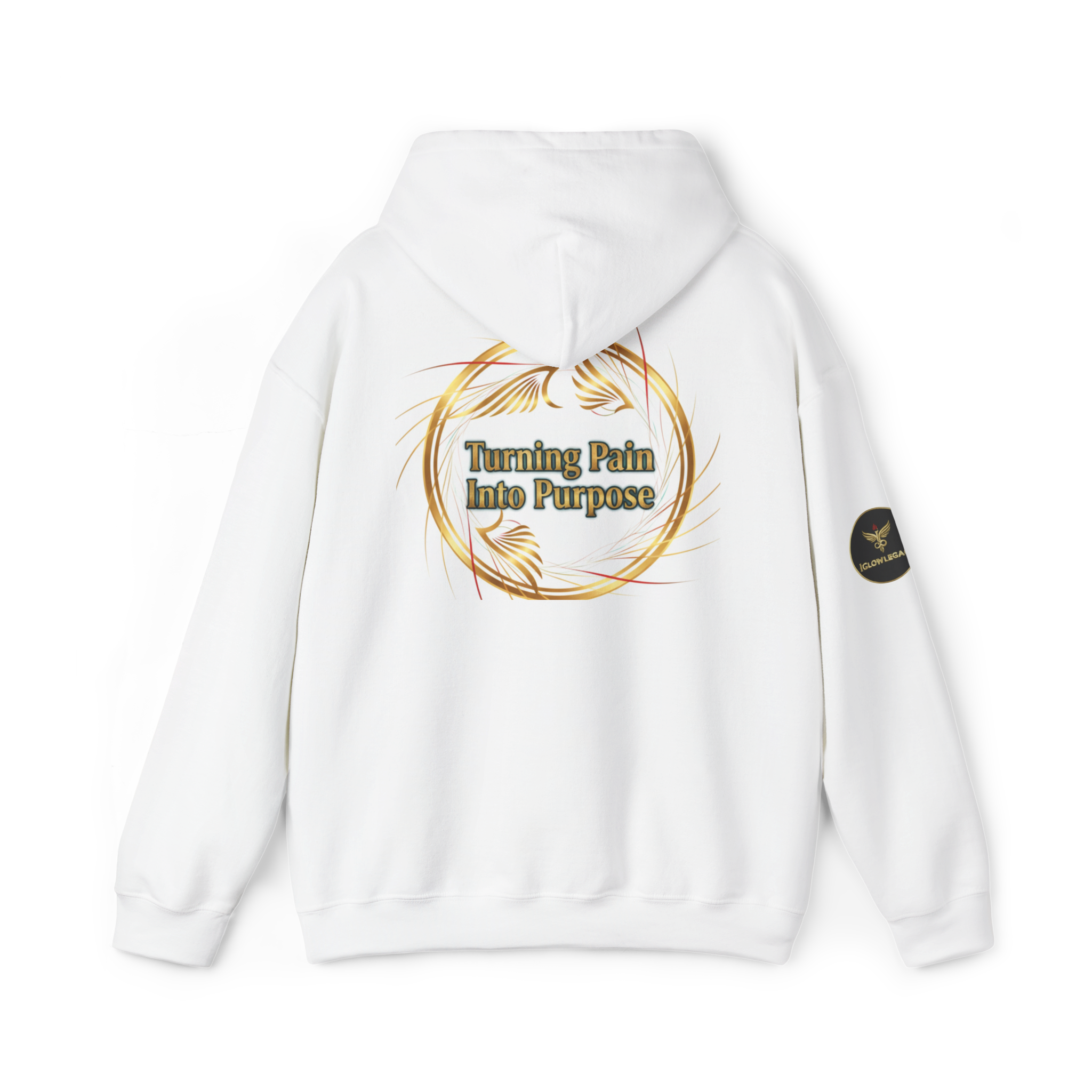 White hoodie with text 'My Dog Casts Happiness Spells' on the back against a dark background