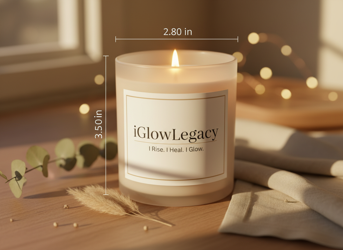Candle labeled 'iGlowLegacy' with dimensions on a wooden surface.