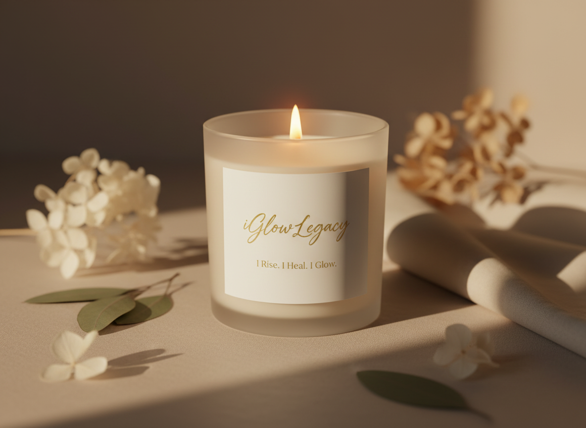 Candle with a 'Glow Legacy' label on a surface with flowers and a blurred background