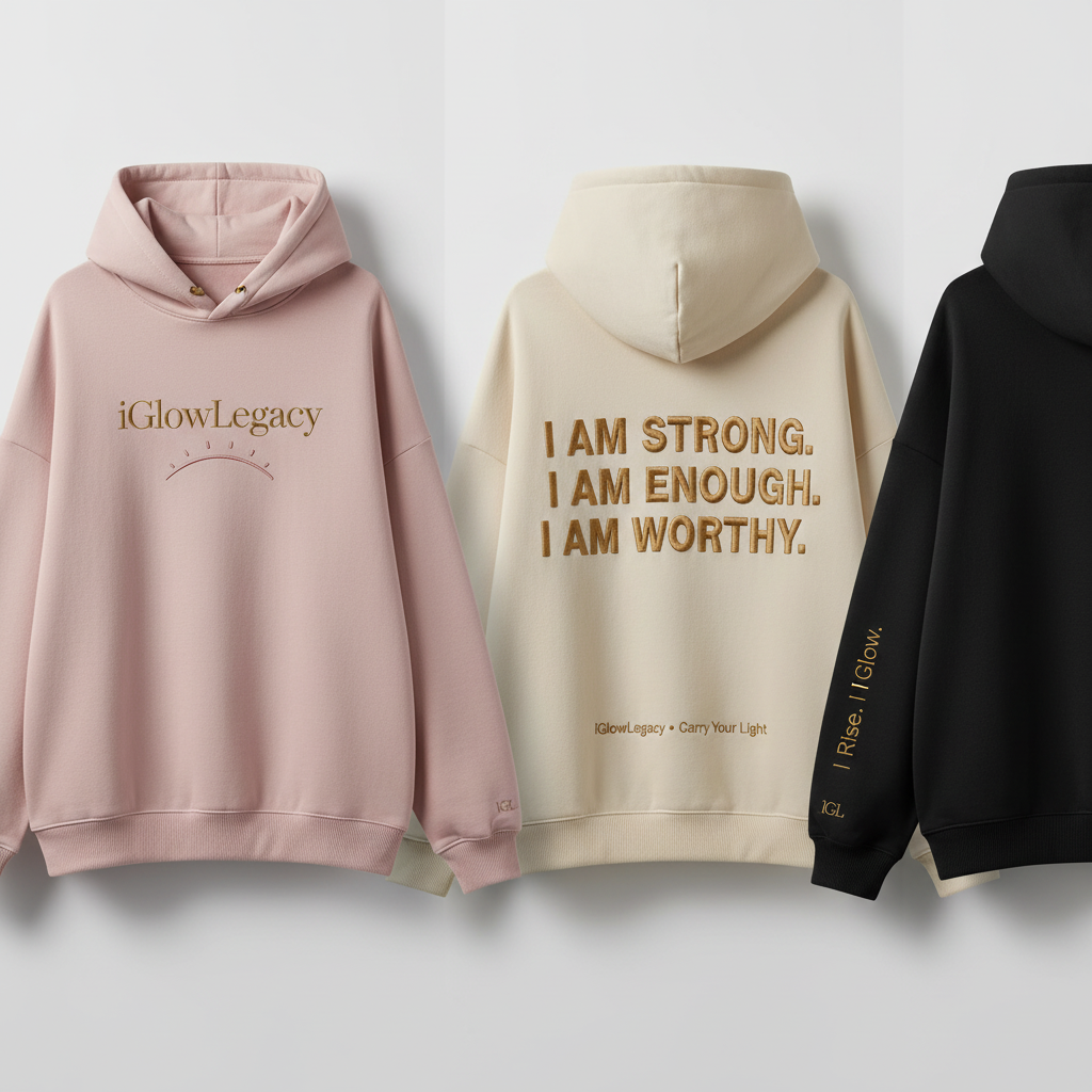Three hoodies in pink, beige, and black with motivational text on a light gray background
