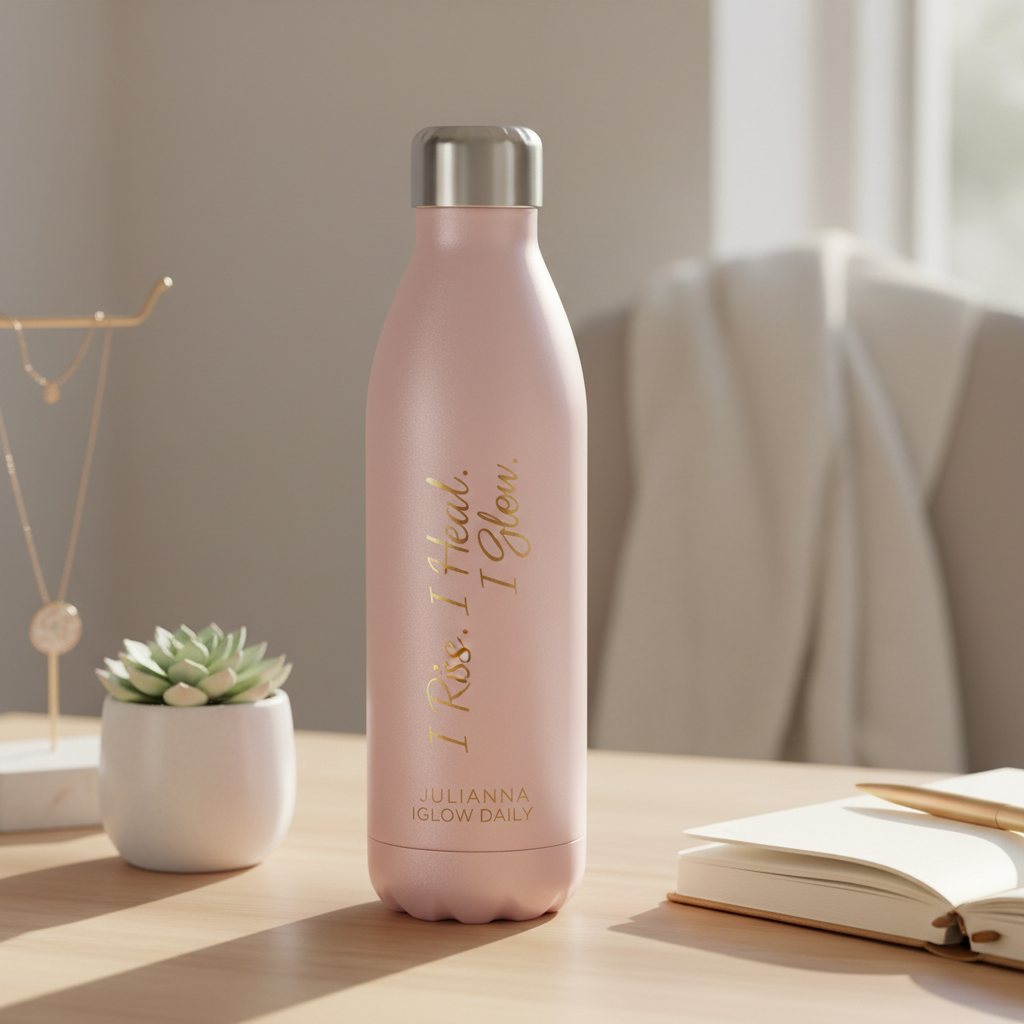 Pink water bottle with text on a table with a plant and book in the background